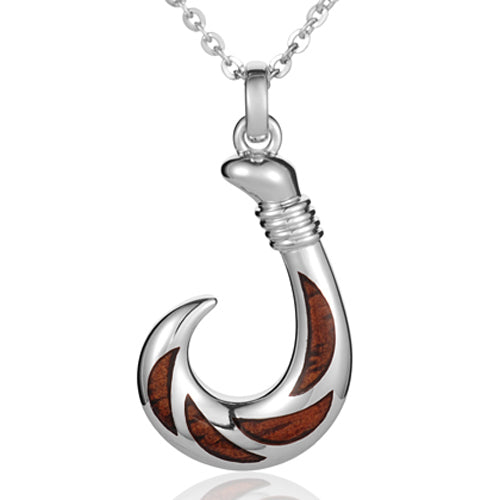 Solid Silver Koa Wood Inlaid Fish Hook Pendant Large Size (chain Sold Separately)