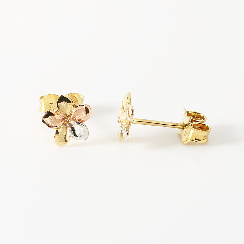 14K Solid Gold Tri-Color Plumeria Earring Stud 12.5mm – Nakoa