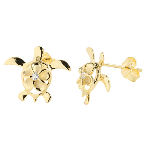 Yellow Gold Plated Sterling Silver 8mm Plumeriain Honu Stud Earring