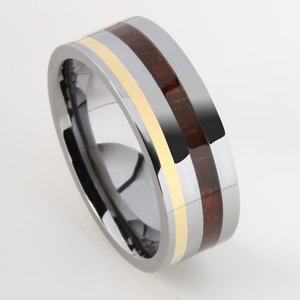 Tantalum with 14K Yellow Gold and Koa Wood Inlaid Wedding Ring Flat 8m –  Nakoa