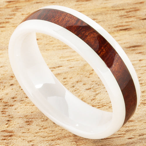 6mm Natural Hawaiian Koa Wood Inlaid High Tech White Ceramic Oval Wedding Ring
