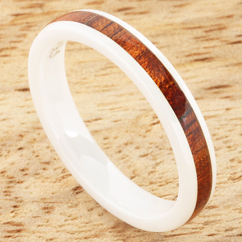 4mm Natural Hawaiian Koa Wood Inlaid High Tech White Ceramic Barrel Wedding Ring