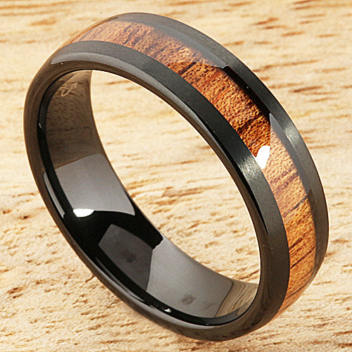 Black Tungsten Natural Hawaiian Koa Wood Wedding Ring Barrel Shape 6mm Hawaiian Ring