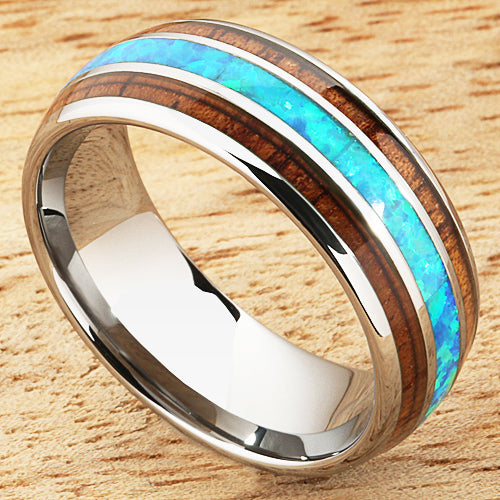 Koa Wood Opal Tungsten Wedding Ring 8mm Triple Row Men's Ring