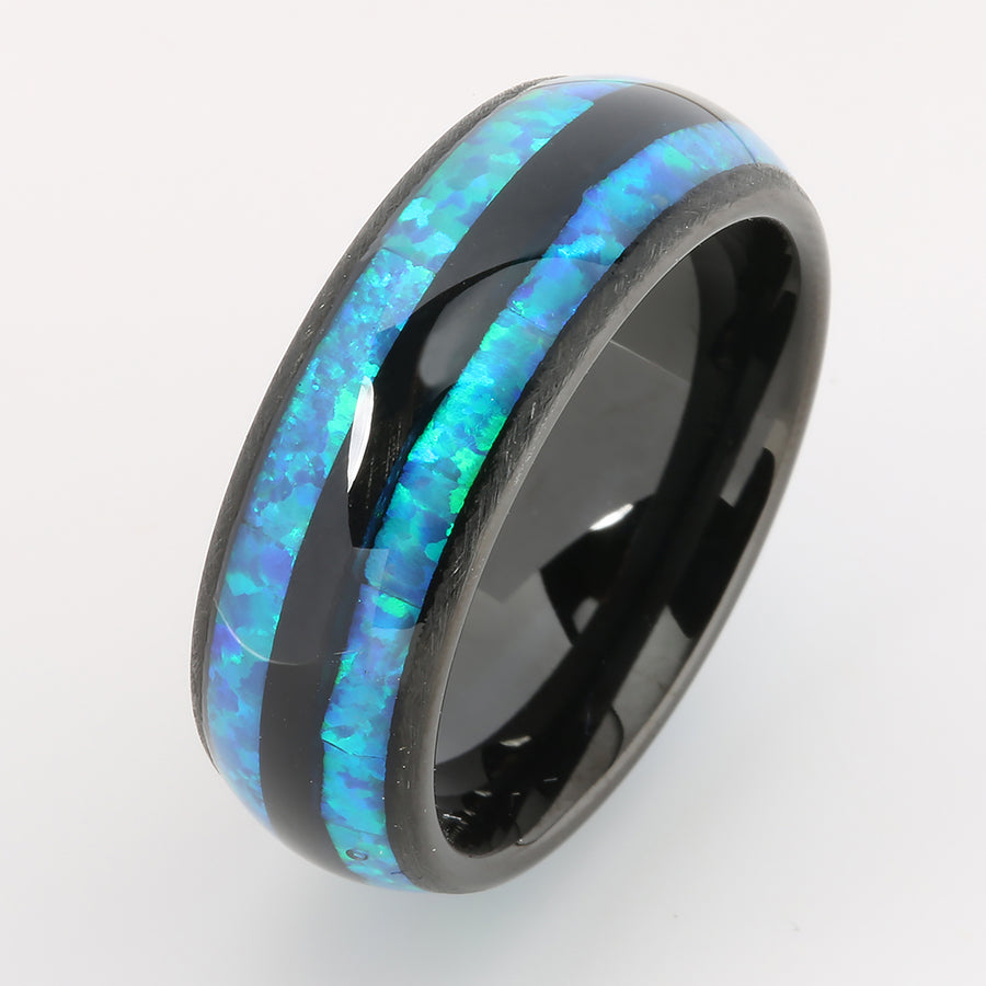 Black Tungsten Opal Inlaid Double Row Oval Wedding Ring 8mm