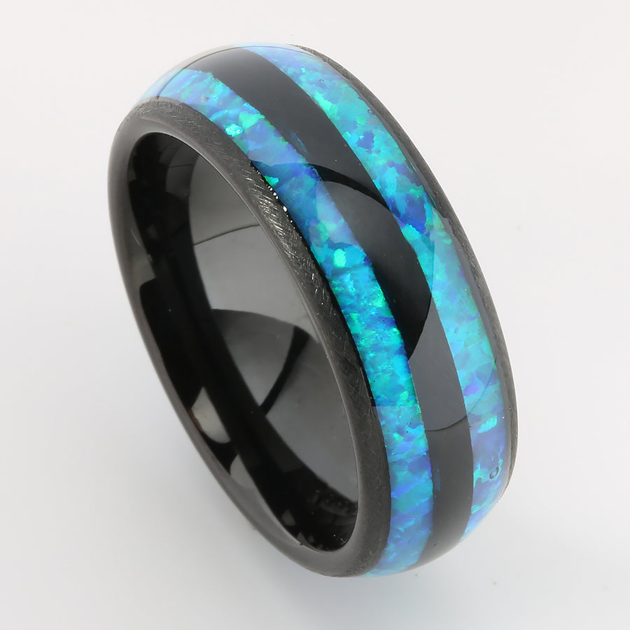 Black Tungsten Opal Inlaid Double Row Oval Wedding Ring 8mm