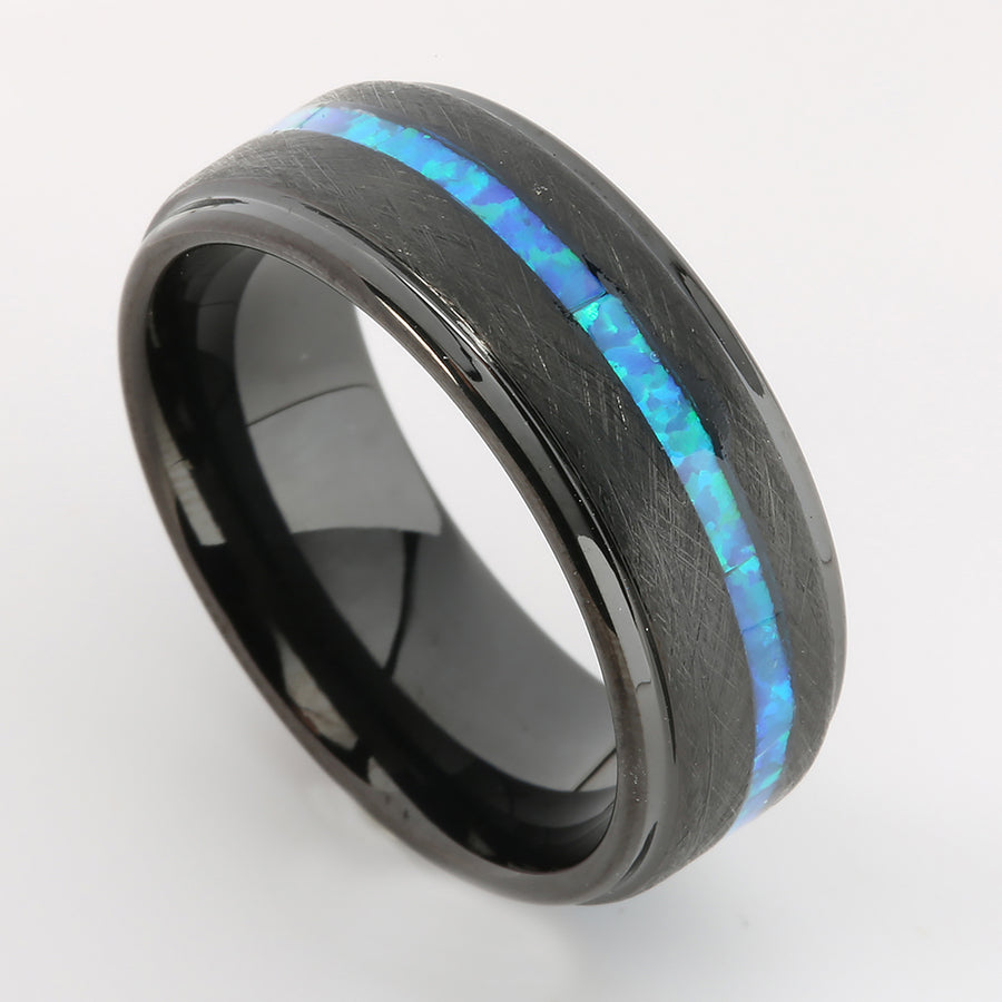 Black Tungsten Opal Inlaid Flat Brushed Wedding Ring 8mm