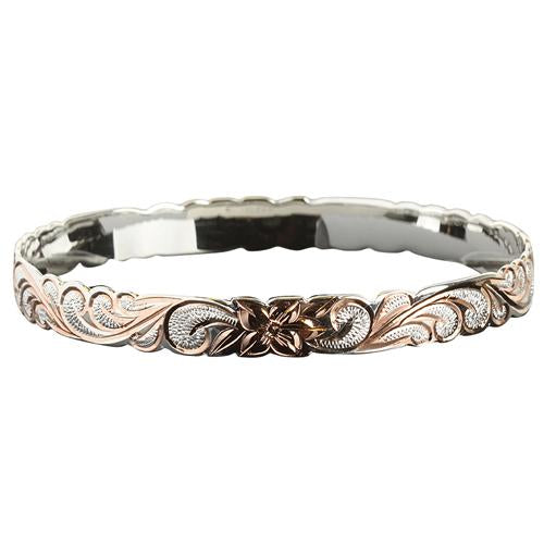 Hawaiian Sterling Silver Bangle Queen Scroll Engraving Cut Out Edge Pink Gold Two Tone