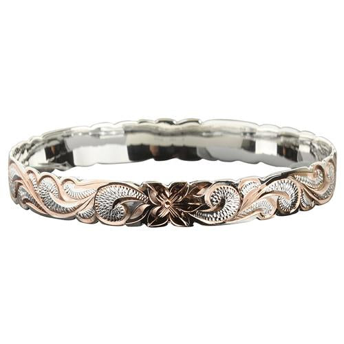 Hawaiian Sterling Silver Bangle Queen Scroll Engraving Cut Out Edge Pink Gold Two Tone