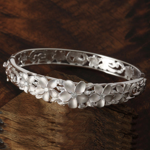 Five Plumeria Flower Open Bangle With CZ Inlay
