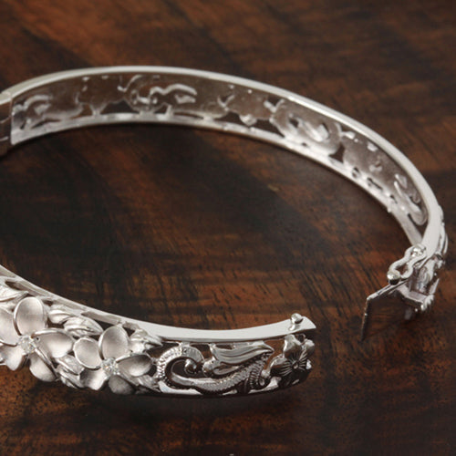 Five Plumeria Flower Open Bangle With CZ Inlay