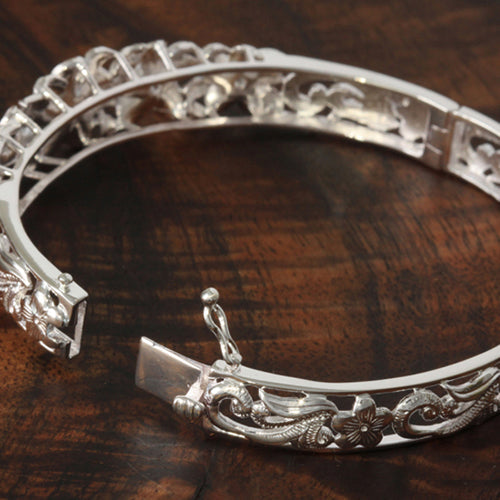 Five Plumeria Flower Open Bangle With CZ Inlay