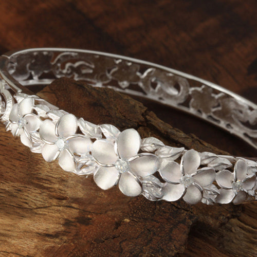 Five Plumeria Flower Open Bangle With CZ Inlay