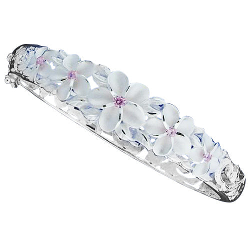 Five Plumeria Flower Open Bangle With CZ Inlay