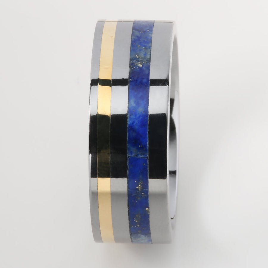 Tantalum with 14K Yellow Gold and Lapis Lazuli Inlaid Wedding Ring Flat 8mm