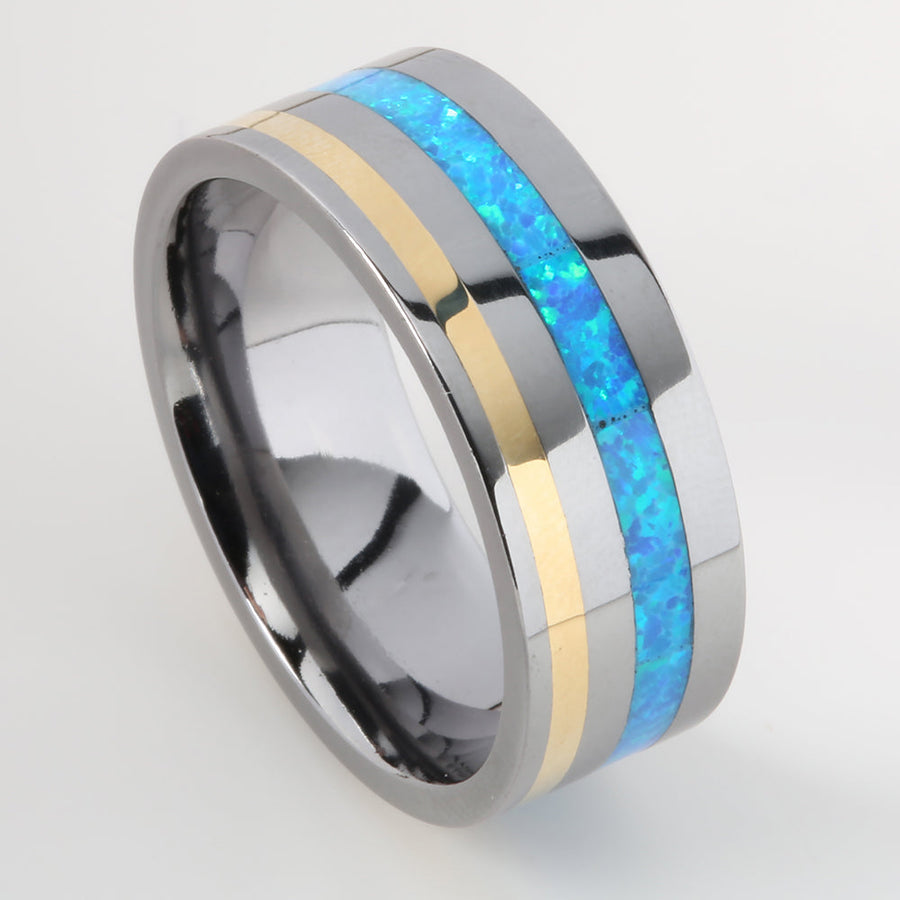 Tantalum with 14K Yellow Gold and Blue Opal Inlaid Flat Wedding Ring 8mm