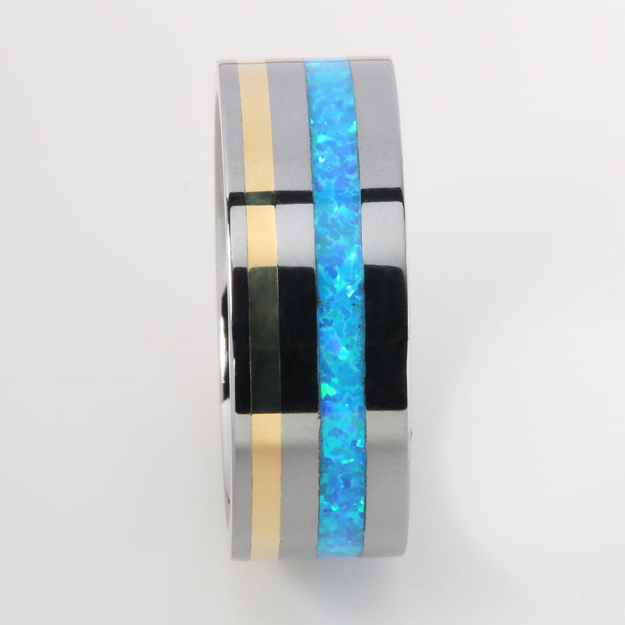 Tantalum with 14K Yellow Gold and Blue Opal Inlaid Flat Wedding Ring 8mm