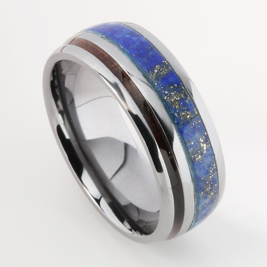 Tantalum with Koa Wood and Lapis Lazuli Inlaid Wedding Ring Barrel 8mm