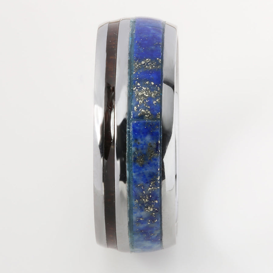 Tantalum with Koa Wood and Lapis Lazuli Inlaid Wedding Ring Barrel 8mm