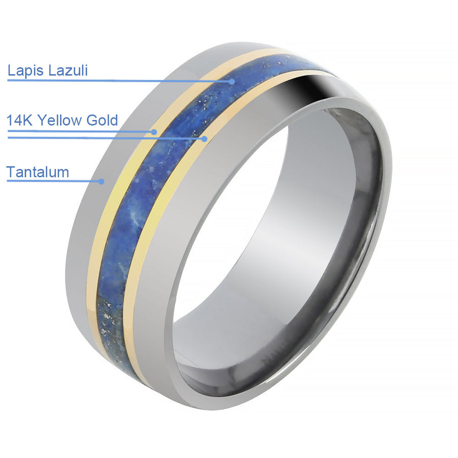 Tantalum with 14K Yellow Gold and Lapis Lazuli Inlaid Wedding Ring Barrel 8mm