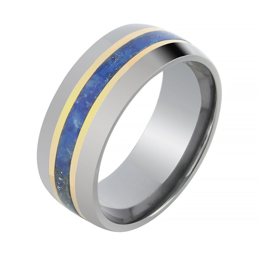 Tantalum with 14K Yellow Gold and Lapis Lazuli Inlaid Wedding Ring Barrel 8mm