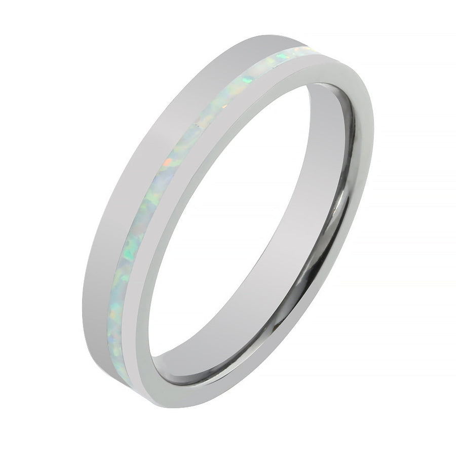 Tantalum with White Opal Inlaid Wedding Ring Flat 4mm