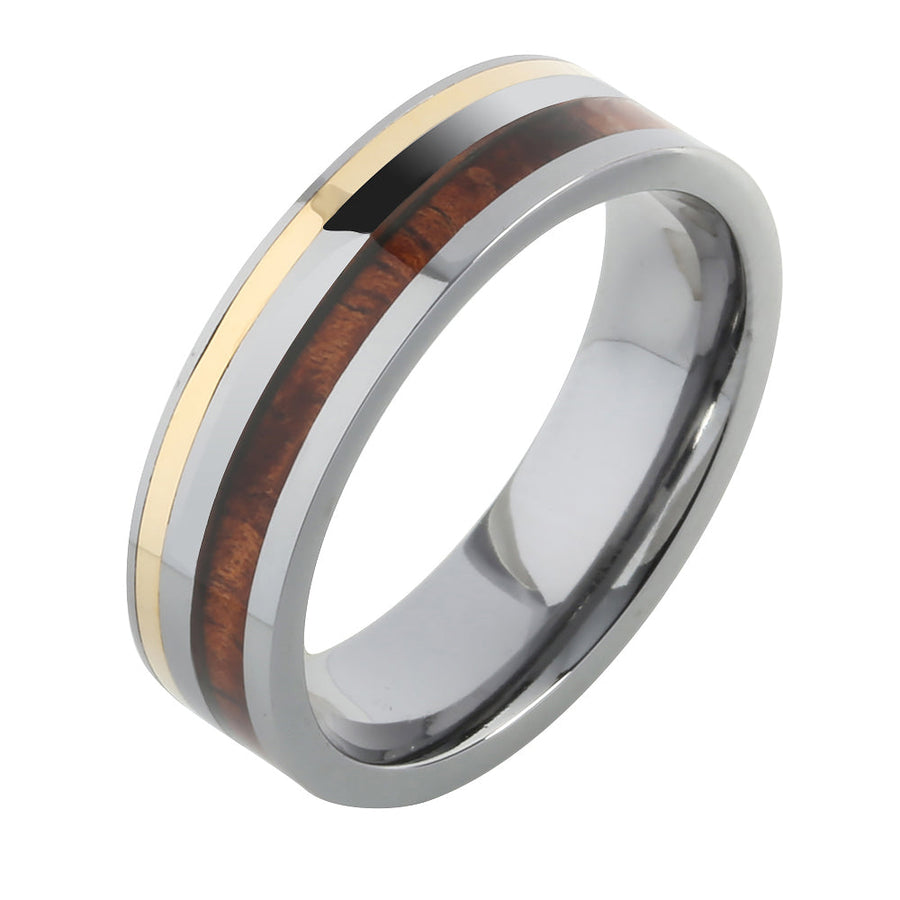 Tantalum with 14K Yellow Gold and Koa Wood Inlaid Wedding Ring Flat 6mm