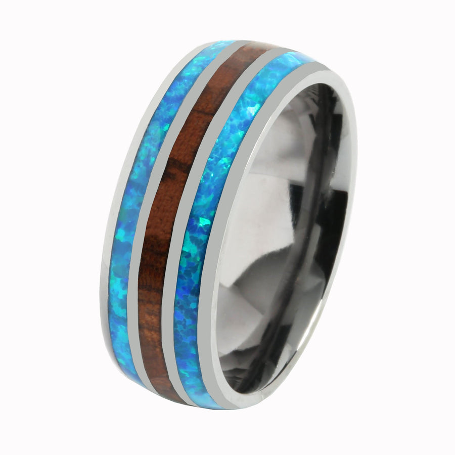 Tantalum with Blue Opal and Koa Wood Inlaid Wedding Ring Barrel 8mm