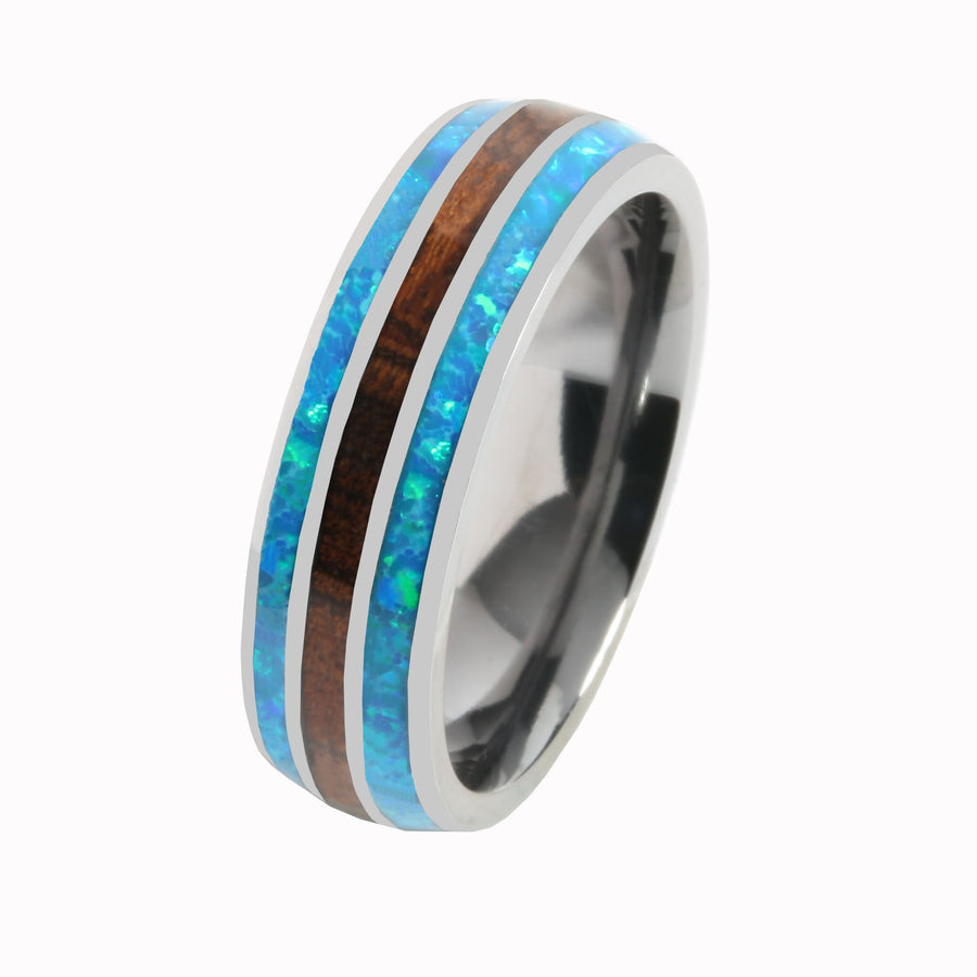 Tantalum with Blue Opal and Koa Wood Inlaid Wedding Ring Barrel 6mm