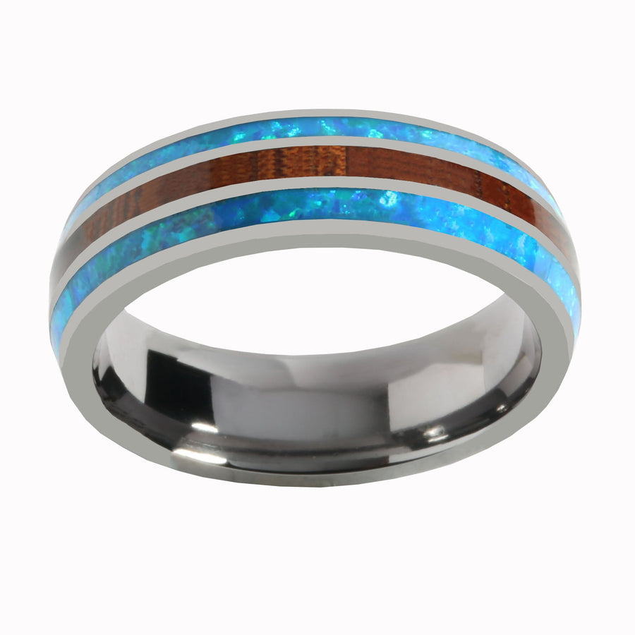 Tantalum with Blue Opal and Koa Wood Inlaid Wedding Ring Barrel 6mm