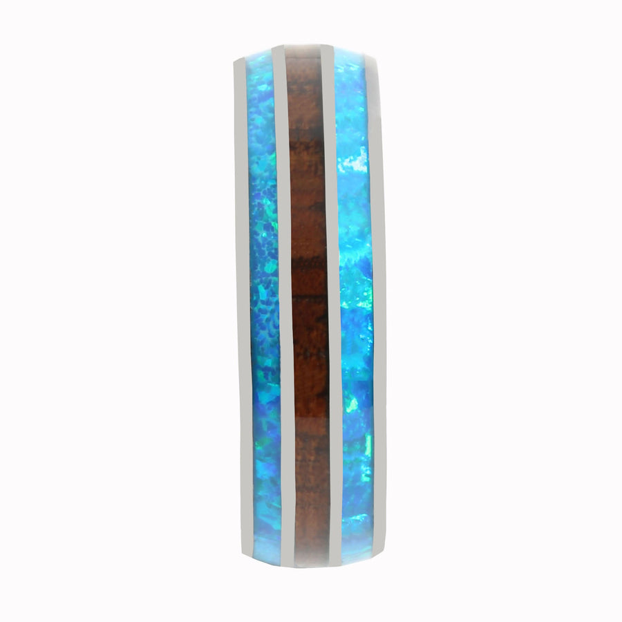 Tantalum with Blue Opal and Koa Wood Inlaid Wedding Ring Barrel 6mm