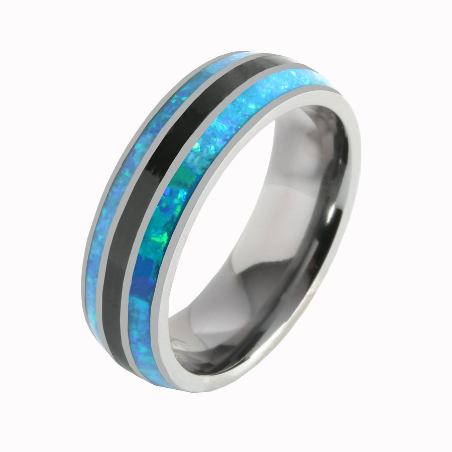 Tantalum with Blue Opal and Onyx Inlaid Wedding Ring Barrel 6mm