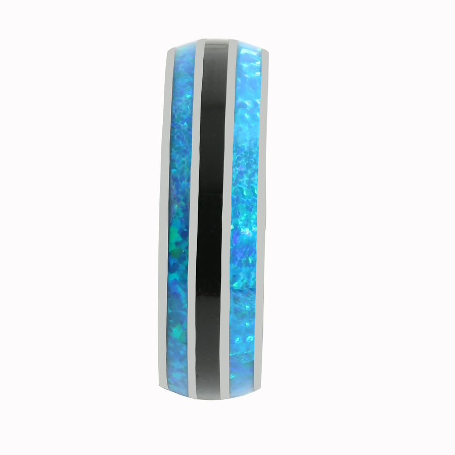 Tantalum with Blue Opal and Onyx Inlaid Wedding Ring Barrel 6mm