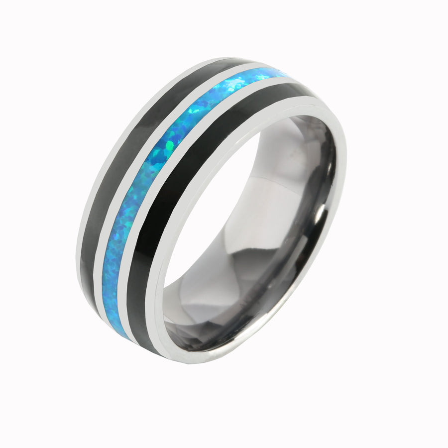 Tantalum with Onyx and Blue Opal Inlaid Wedding Ring Barrel 8mm
