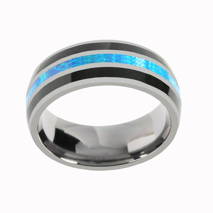 Tantalum with Onyx and Blue Opal Inlaid Wedding Ring Barrel 8mm