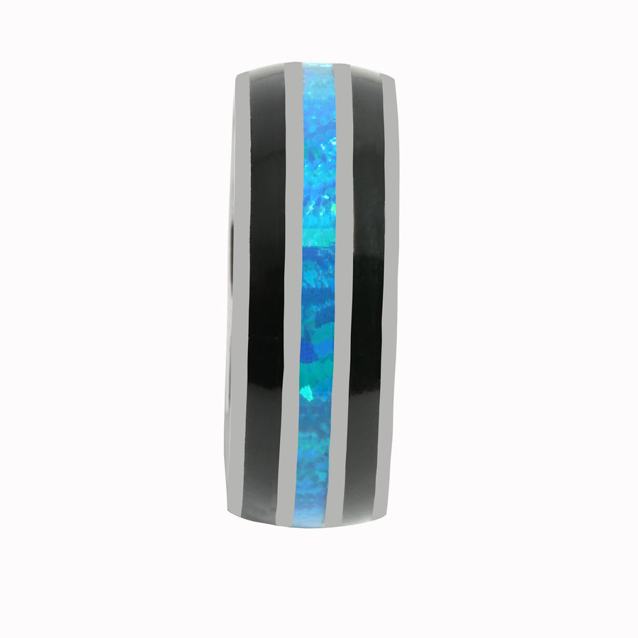 Tantalum with Onyx and Blue Opal Inlaid Wedding Ring Barrel 8mm