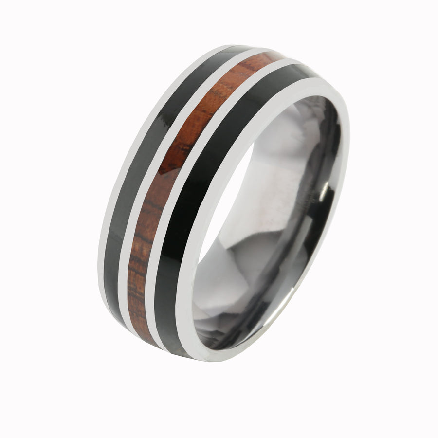 Tantalum with Onyx and Koa Wood Inlaid Wedding Ring Barrel 8mm