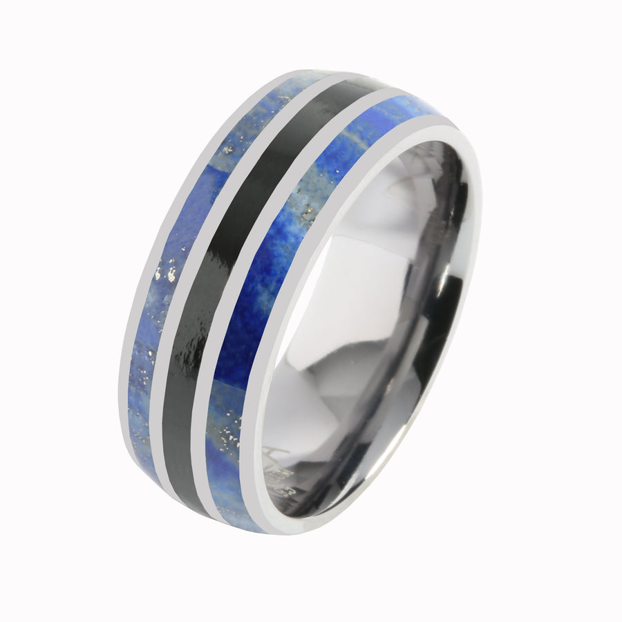 Tantalum with Lapis Lazuli and Onyx Inlaid Wedding Ring Barrel 8mm