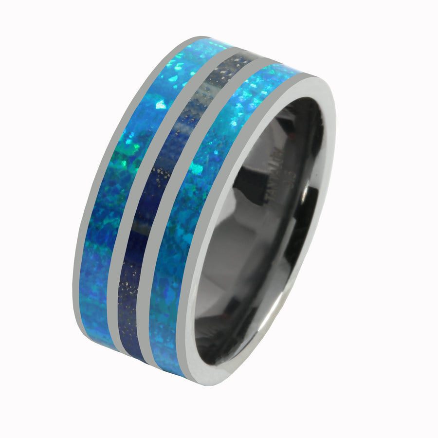 Tantalum with Lapis Lazuli and Blue Opal Inlaid Wedding Ring Flat 10mm