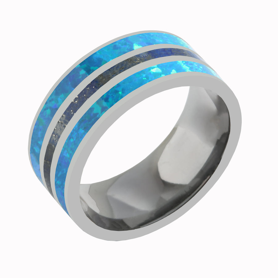 Tantalum with Lapis Lazuli and Blue Opal Wedding Ring Flat 10mm