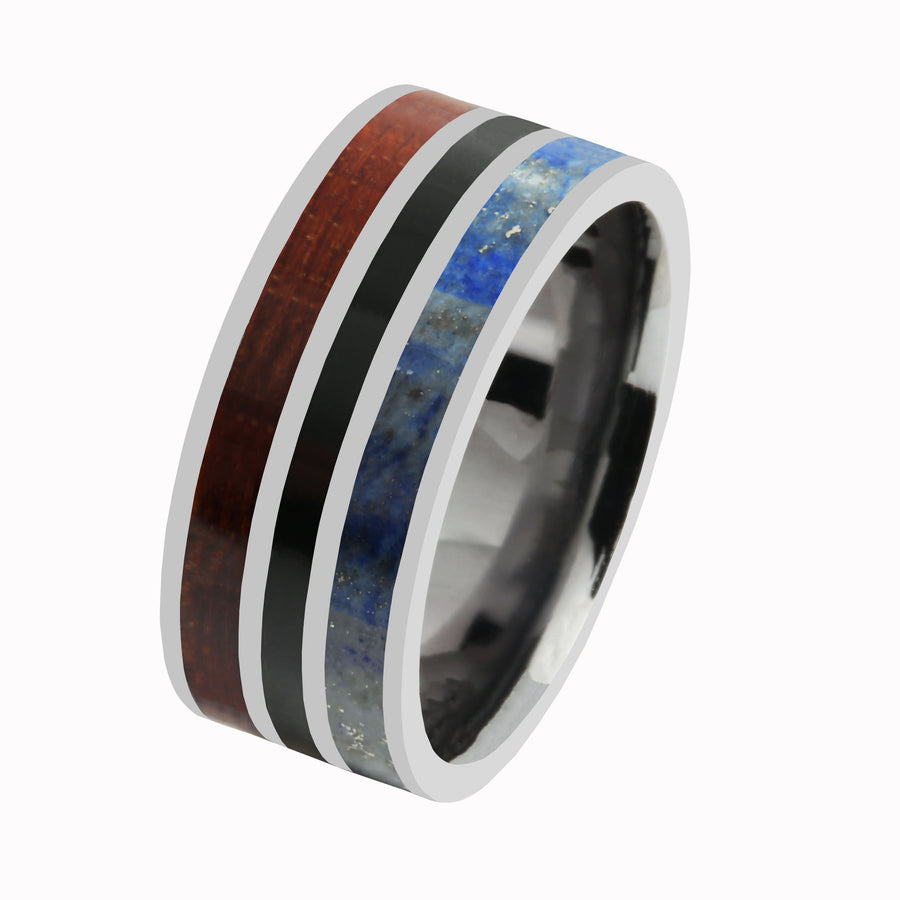 Tantalum with Koa Wood, Lapis Lazuli and Onyx Wedding Ring Flat 10mm