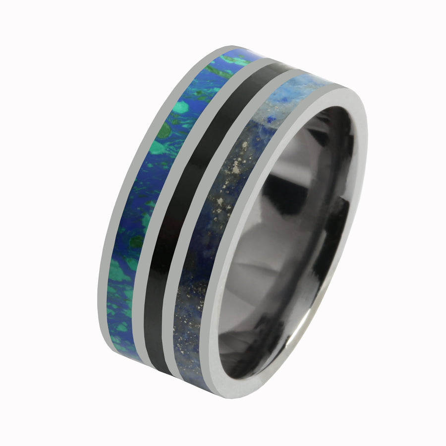 Tantalum with Lapis Lazuli, Blue Opal and Onyx Wedding Ring Flat 10mm
