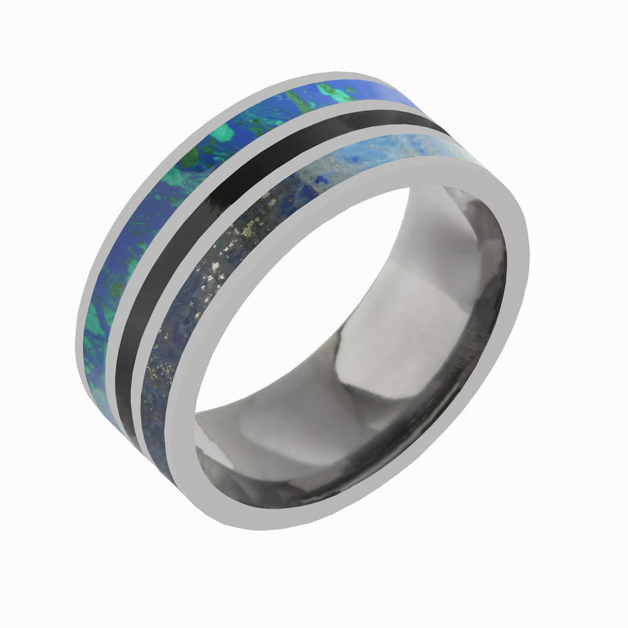 Tantalum with Lapis Lazuli, Blue Opal and Onyx Inlaid Wedding Ring Flat 10mm