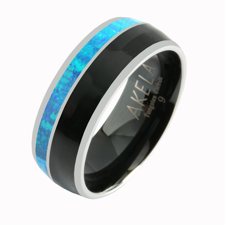 Tungsten Blue Opal and Onyx Inlaid Wedding Ring Barrel 8mm