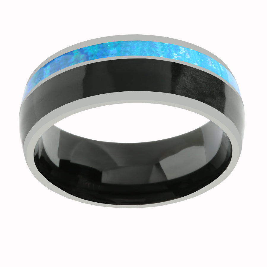 Tungsten Blue Opal and Onyx Inlaid Wedding Ring Barrel 8mm