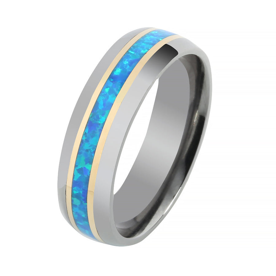 Tantalum with 14K Yellow Gold and Blue Opal Inlaid Wedding Ring Barrel 6mm