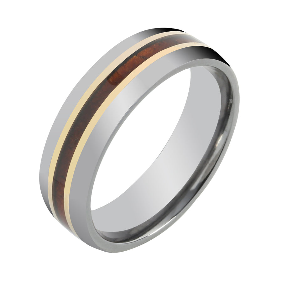 Tantalum with 14K Yellow Gold and Koa Wood Inlaid Wedding Ring Barrel 6mm