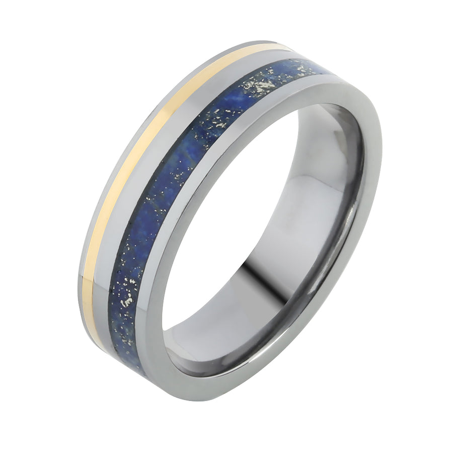 Tantalum with 14K Yellow Gold and Lapis Lazuli Inlaid Wedding Ring Flat 6mm