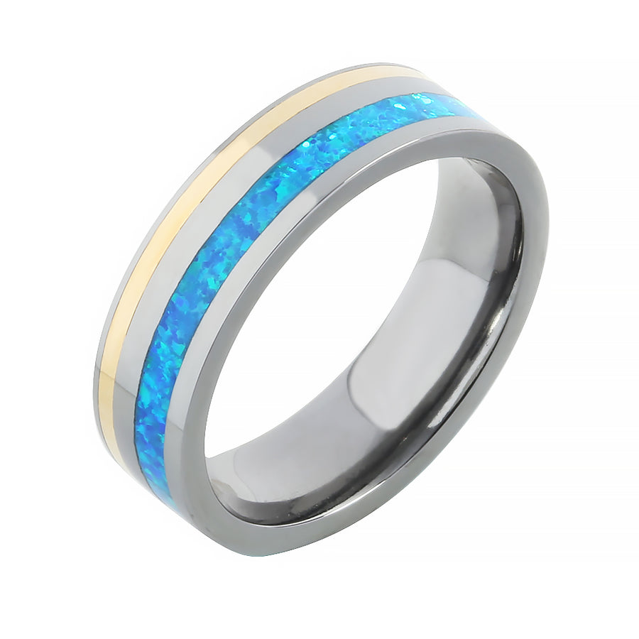 Tantalum with 14K Yellow Gold and Blue Opal Inlaid Wedding Ring Flat 6mm