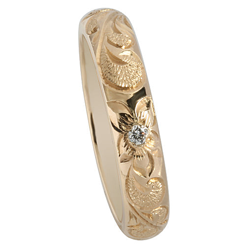 14K Gold Custom-Made Plumeria Scroll Diamond Inlay Ring (Thickness 2.0mm)
